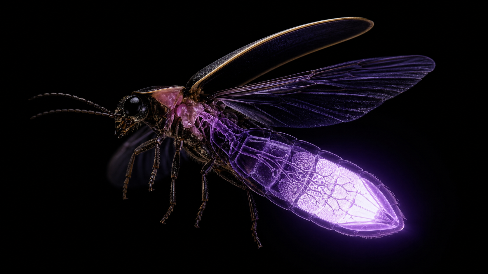 夜の草むらで光るホタルを描いたイラスト。腹部の発光器がやわらかな光を放っている