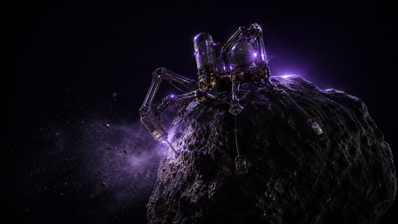 暗い宇宙で、岩の塊から細かな塵が尾のように舞い上がる様子を描いたイメージ。流星のもとになる彗星の塵を連想させる図で、実際の観測画像ではありません