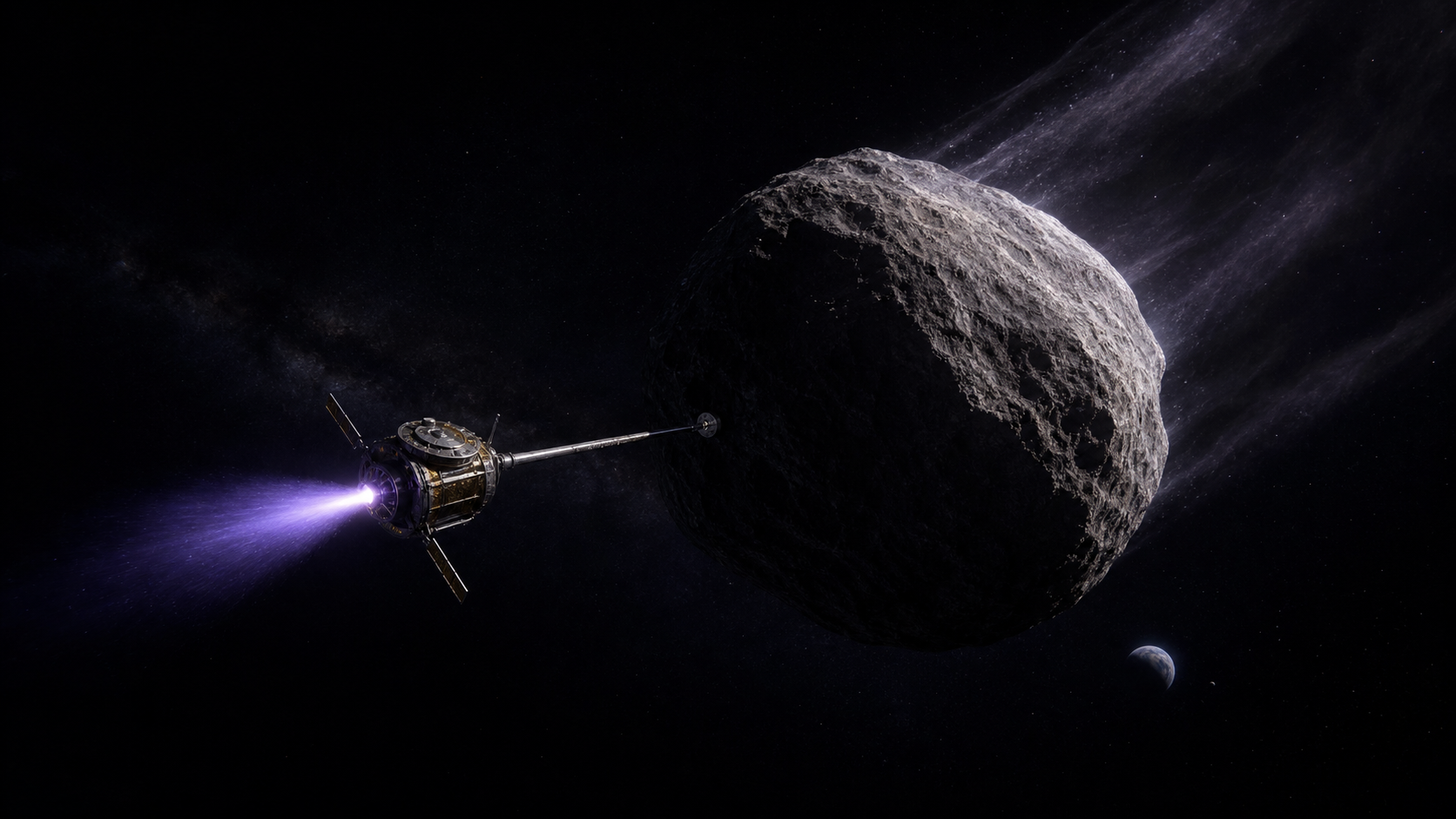 いびつな形の小天体と、その向こうに小さく光る青い惑星のイメージ図。フォボスやパーサヴィアランスの実際の画像ではありません